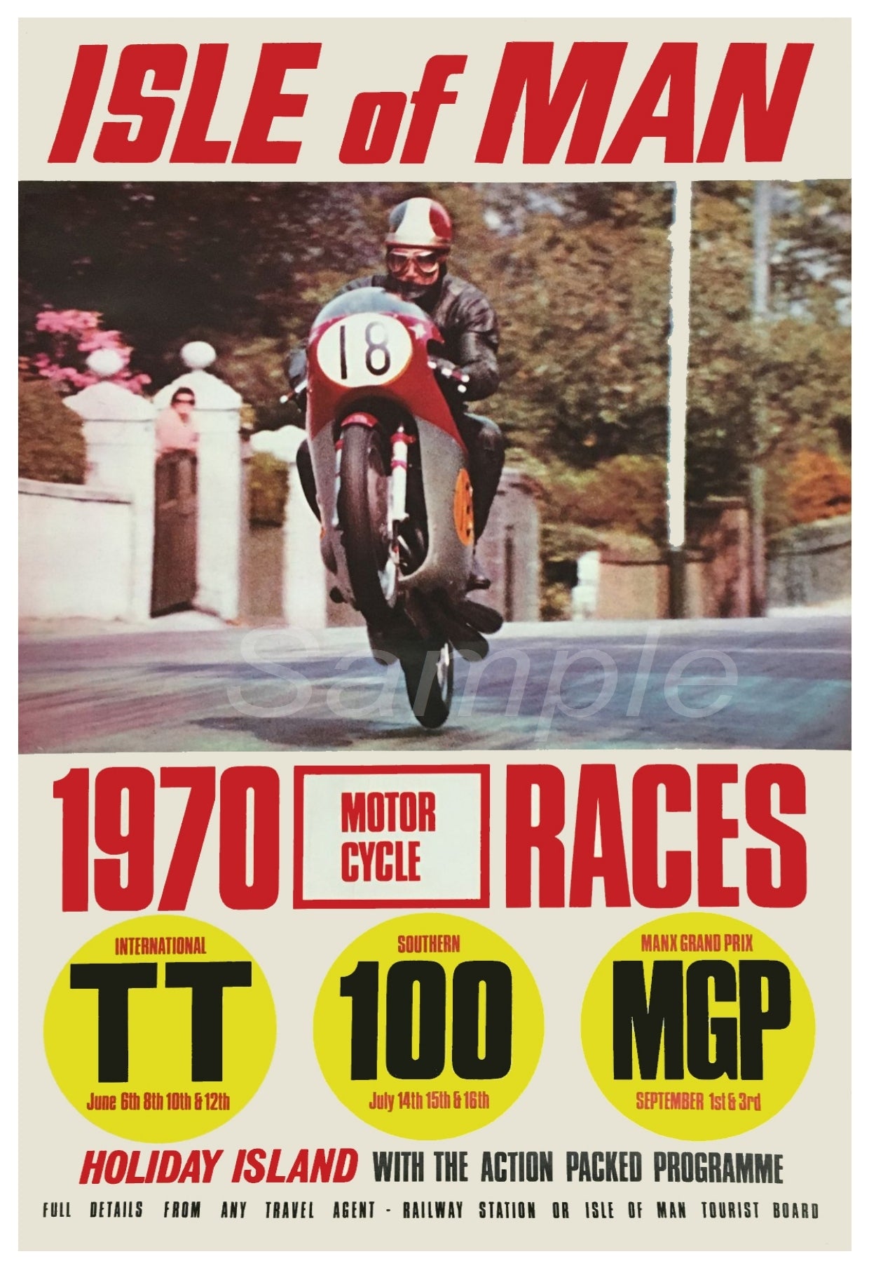 Vintage style poster for the Isle of Man 1970 TT Races featuring a motorcycle rider in action, with text and branding elements.