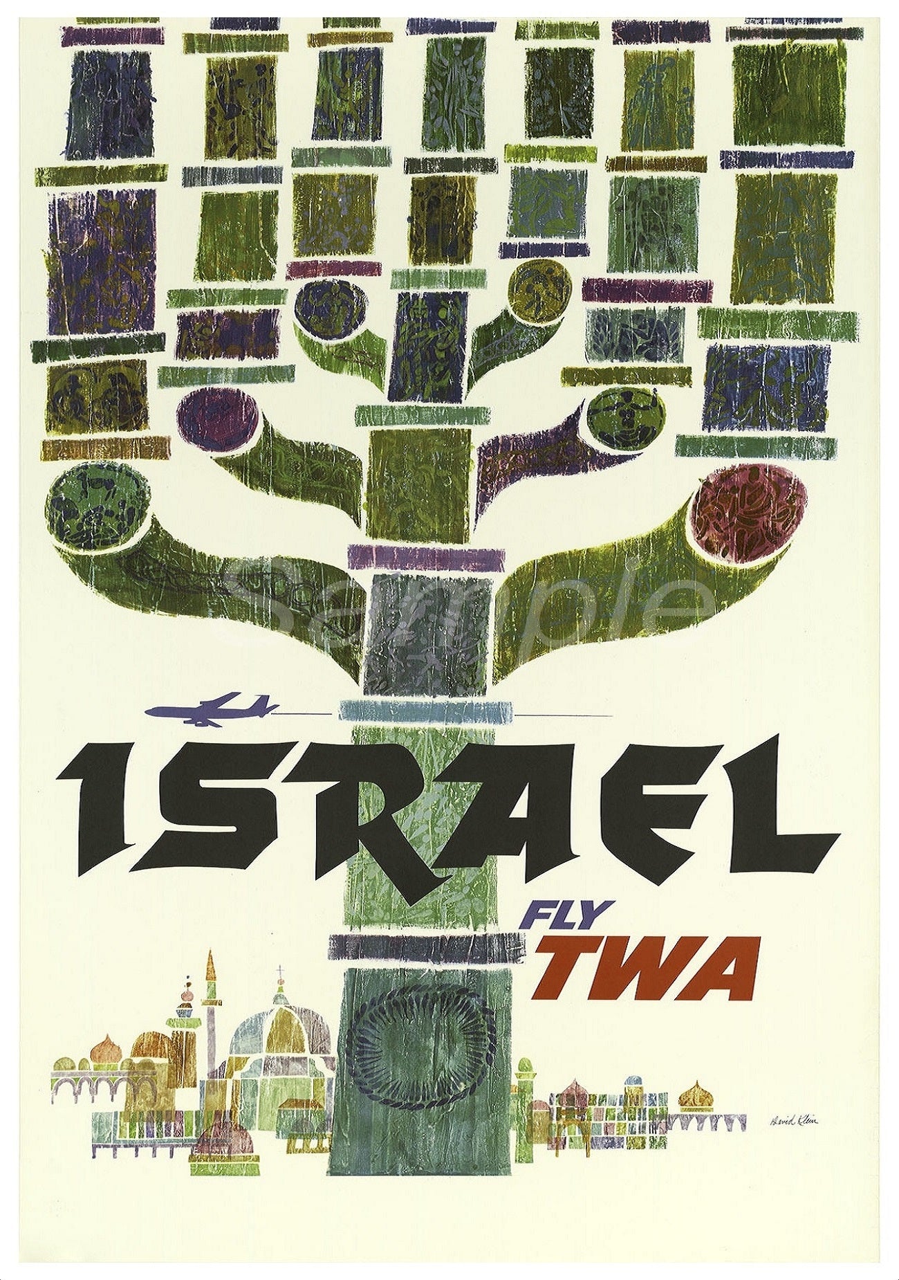 Vintage travel poster featuring an abstract representation of Israel with green and brown tones, and the text 'ISRAEL' along with 'TWA' branding.