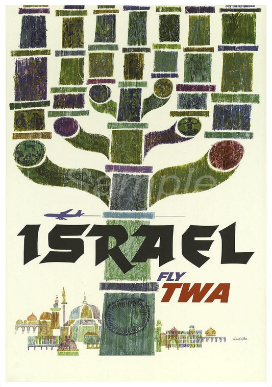 Vintage travel poster featuring an abstract representation of Israel with green and brown tones, and the text 'ISRAEL' along with 'TWA' branding.