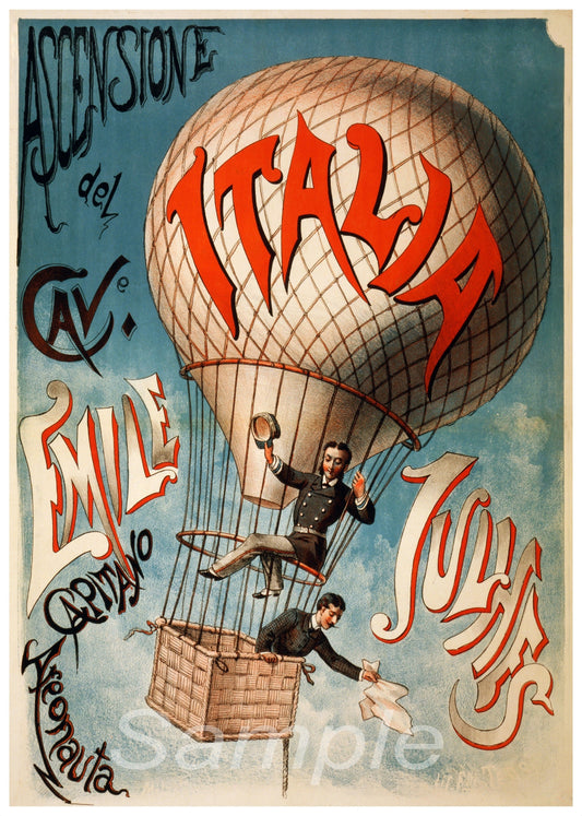 Vintage advertising poster featuring a hot air balloon with the word 'Italia' and various other Italian-related words and phrases, along with an illustration of a man balancing on a tightrope with a parachute.