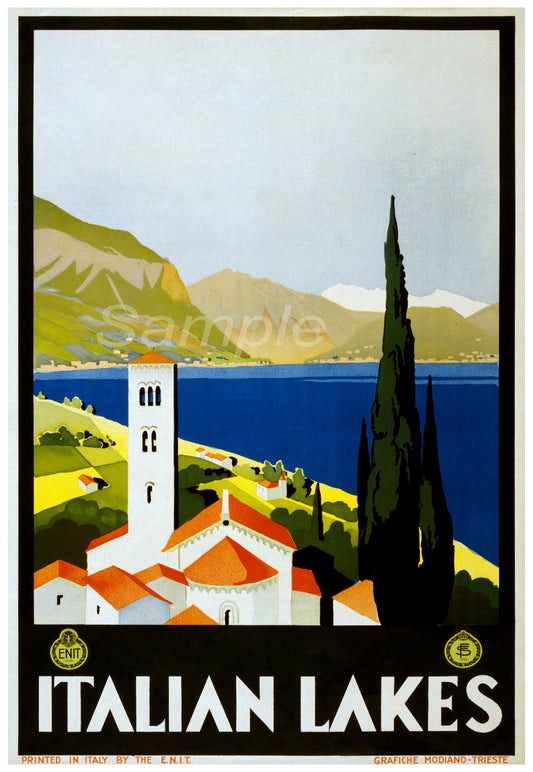 Vintage travel poster depicting a scenic view of the Italian Lakes with a village and a large tree in the foreground, and mountains in the background.
