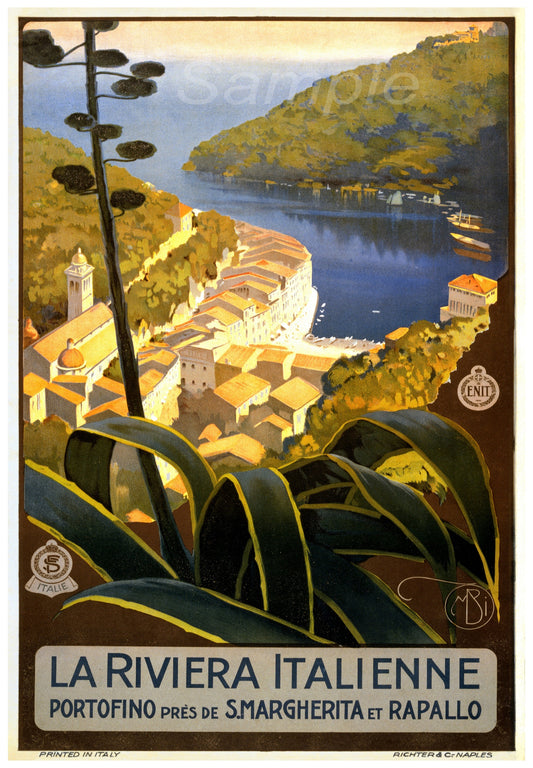 Vintage travel poster depicting the Italian Riviera, showing a town with a port and a body of water in the background, surrounded by greenery.