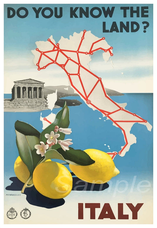 A vintage style travel poster depicting lemons, a classical Italian building, and the outline of Italy with the text 'DO YOU KNOW THE LAND? ITALY'.