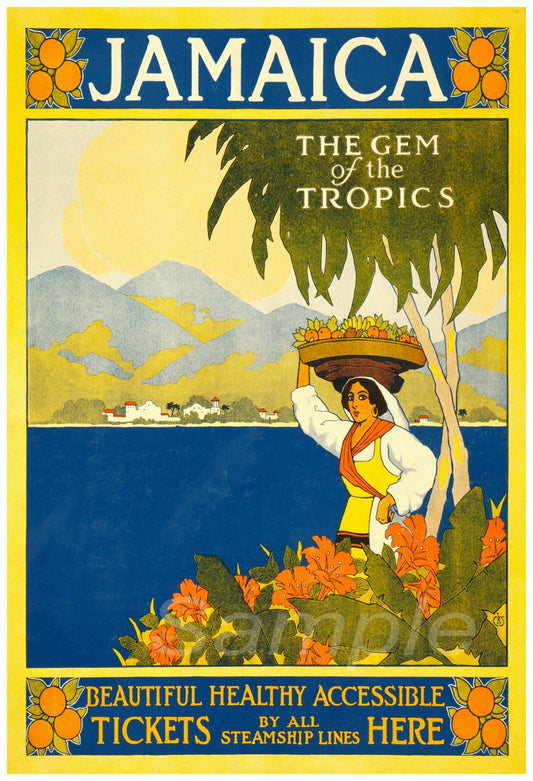 Vintage travel poster featuring a colorful illustration of a woman with a basket of flowers, a tree, and a scenic tropical background, with the text 'Jamaica - The Gem of the Tropics'.
