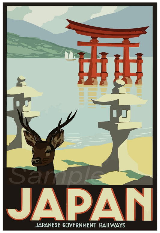 Vintage style railway poster print featuring a deer, a red Japanese gate, and a body of water, with the word 'Japan' and 'Japanese Government Railways' printed at the bottom.