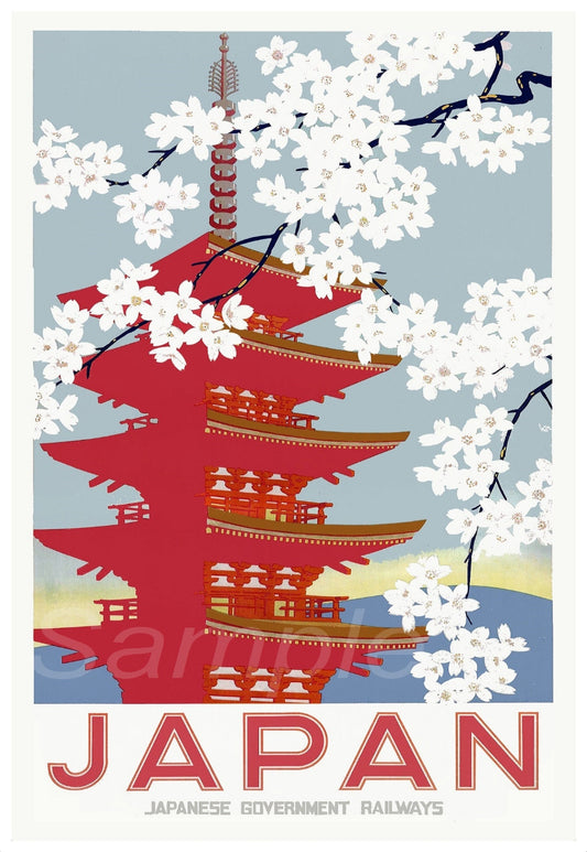 A vintage style railway poster featuring a red Japanese castle with a white base and surrounded by cherry blossoms, with the text 'Japan' and 'Japanese Government Railways' at the bottom.
