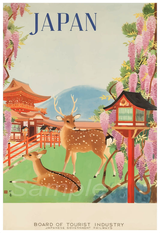 A vintage railway poster print featuring a pastel-colored depiction of a Japanese garden scene with a deer, a traditional Japanese house, and a bridge.
