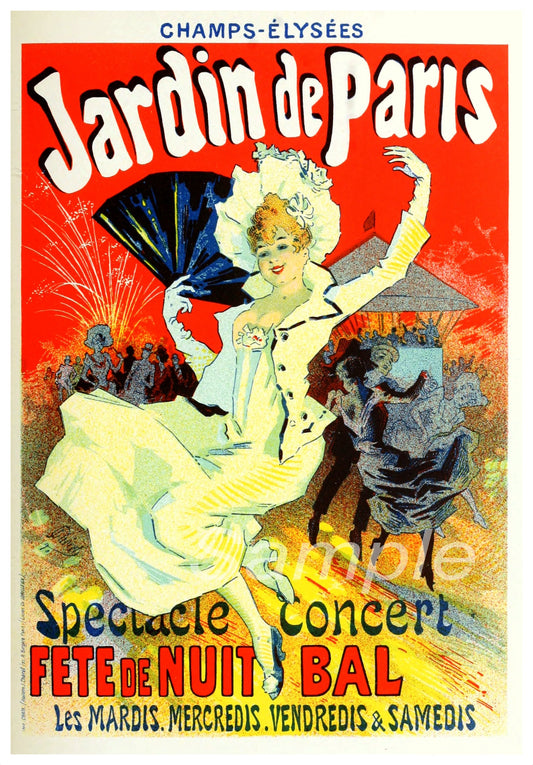 Vintage advertising poster for Jardin de Paris featuring a woman in a theatrical pose with a parasol, surrounded by a vibrant, colorful background with other figures and text that announces a special concert event.