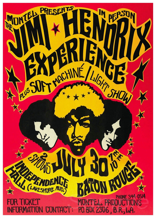 Vintage advertising poster featuring Jimi Hendrix with a red and yellow design, indicating a performance at the Independence Hall in New Orleans on July 30, 1970.