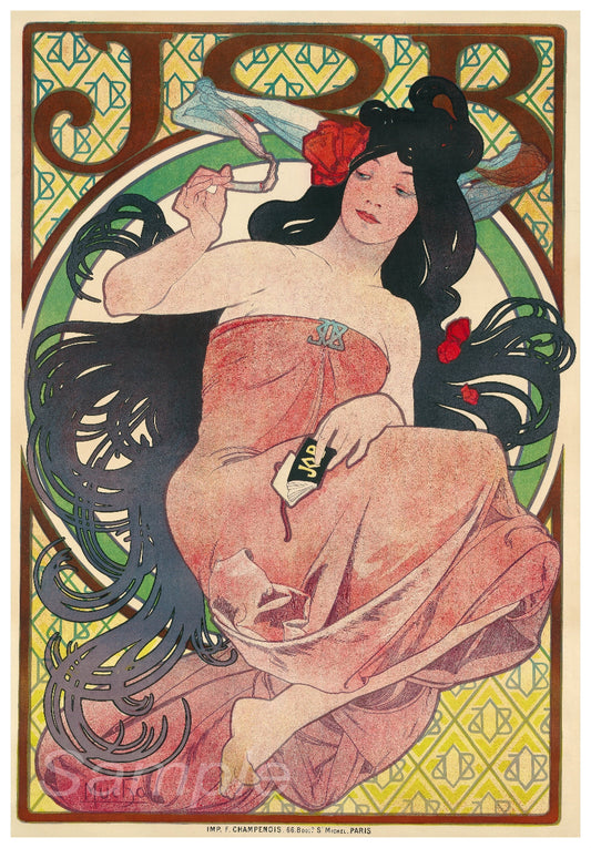 A vintage advertising poster featuring a woman with dark hair, wearing a flowing dress and holding a cigarette, with a decorative background.