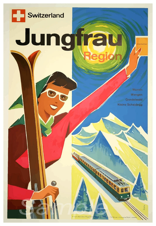 Vintage travel poster featuring a woman in a red ski outfit holding a ski pass and a map, with a vibrant depiction of a train and mountains in the background.