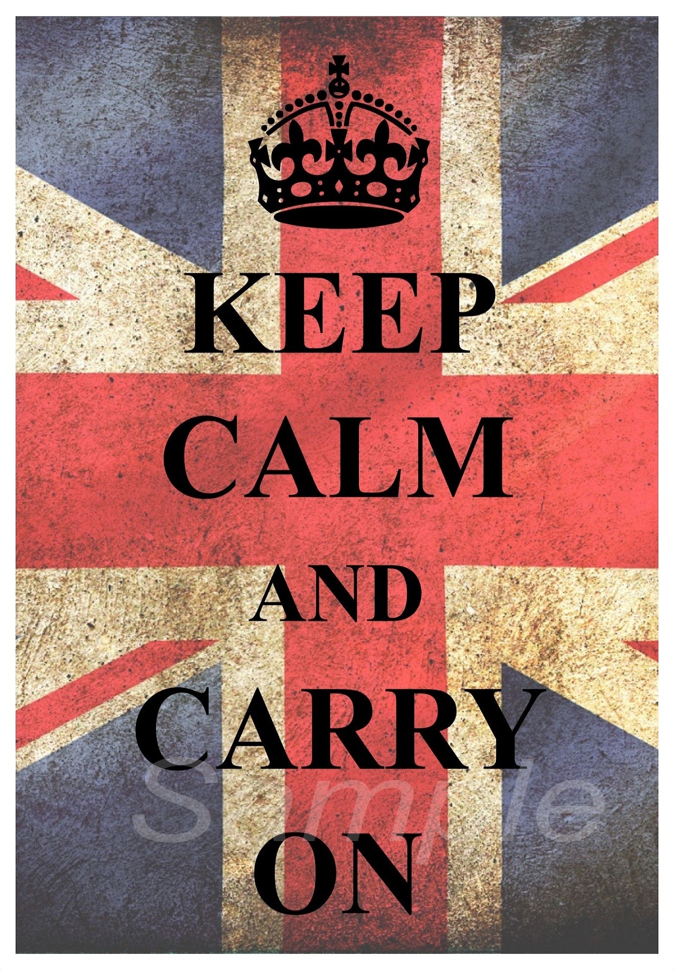 A poster print featuring the Union Jack flag with the text 'KEEP CALM AND CARRY ON' in a vintage style font, indicating a retro or vintage theme.