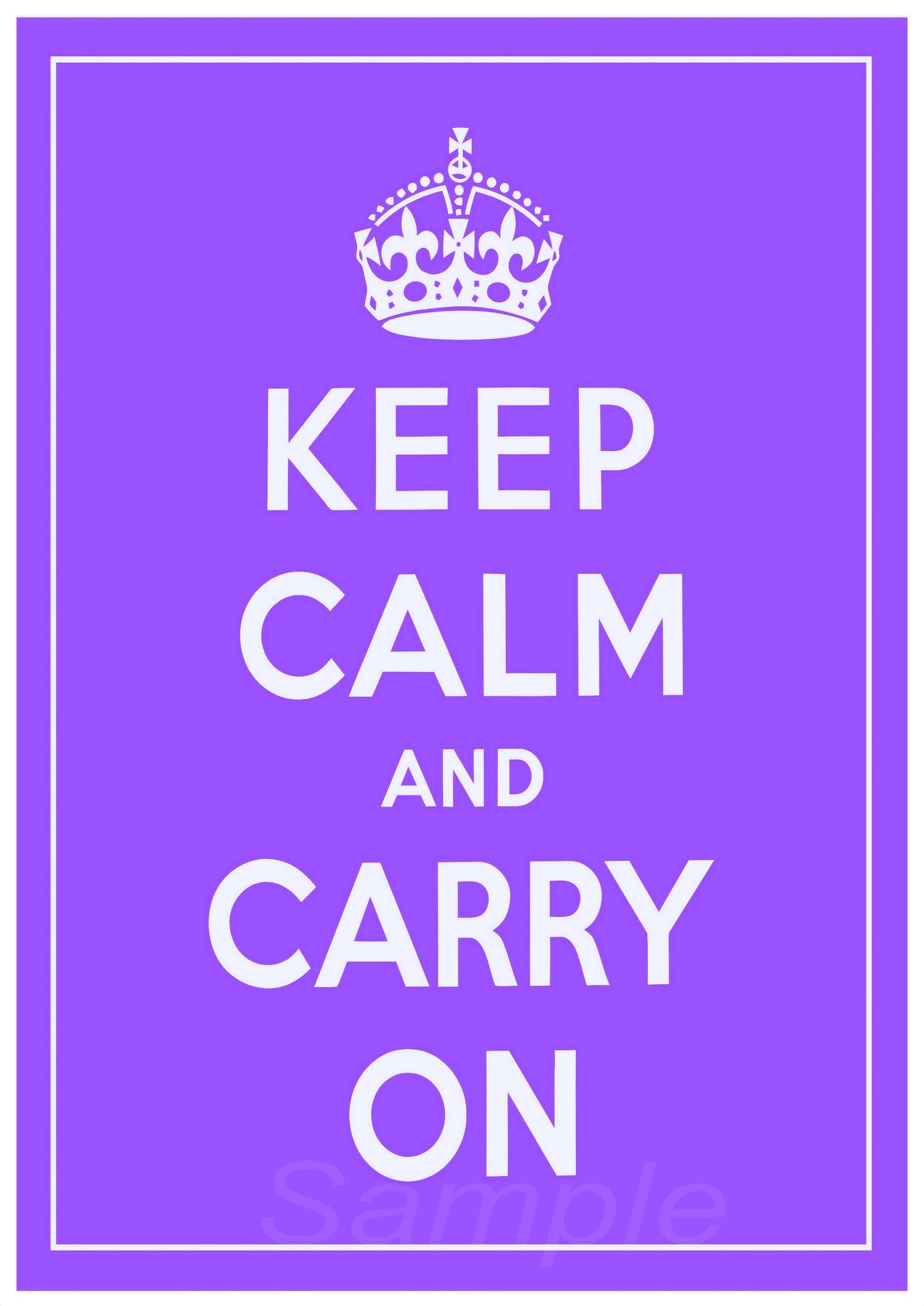 A poster print with the text 'KEEP CALM AND CARRY ON' in capital letters, centered on a purple background with a crown motif at the top.