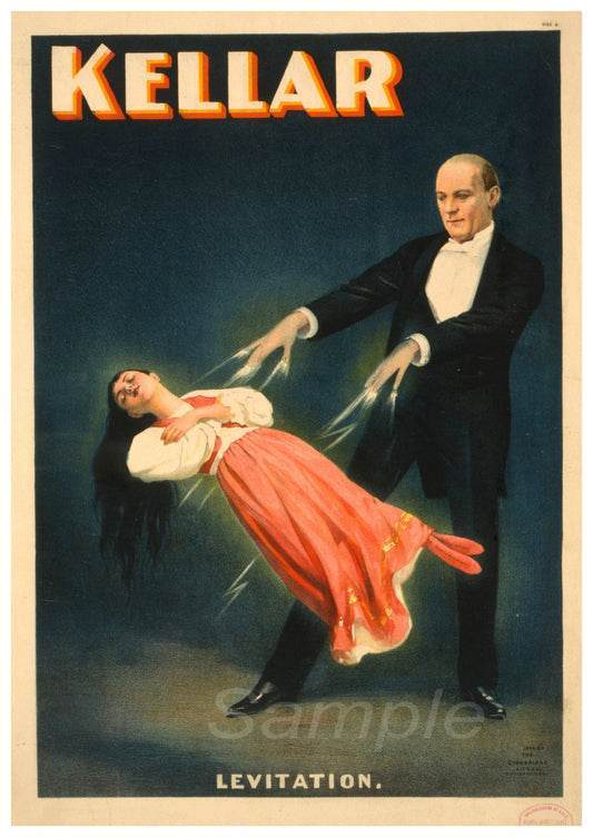 A vintage style poster depicting a man appear to levitate a woman in a room with dark background. The poster has 'KELLAR' in bold text at the top and the word 'LEVITATION.