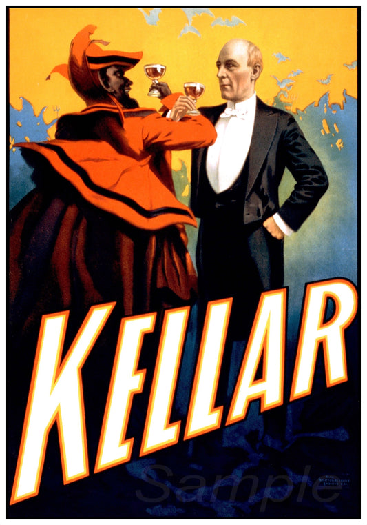 Vintage advertising poster featuring a magician in a red coat and black pants, with a second figure in a suit drinking wine in the background. The text 'KELLAR' is prominently displayed.