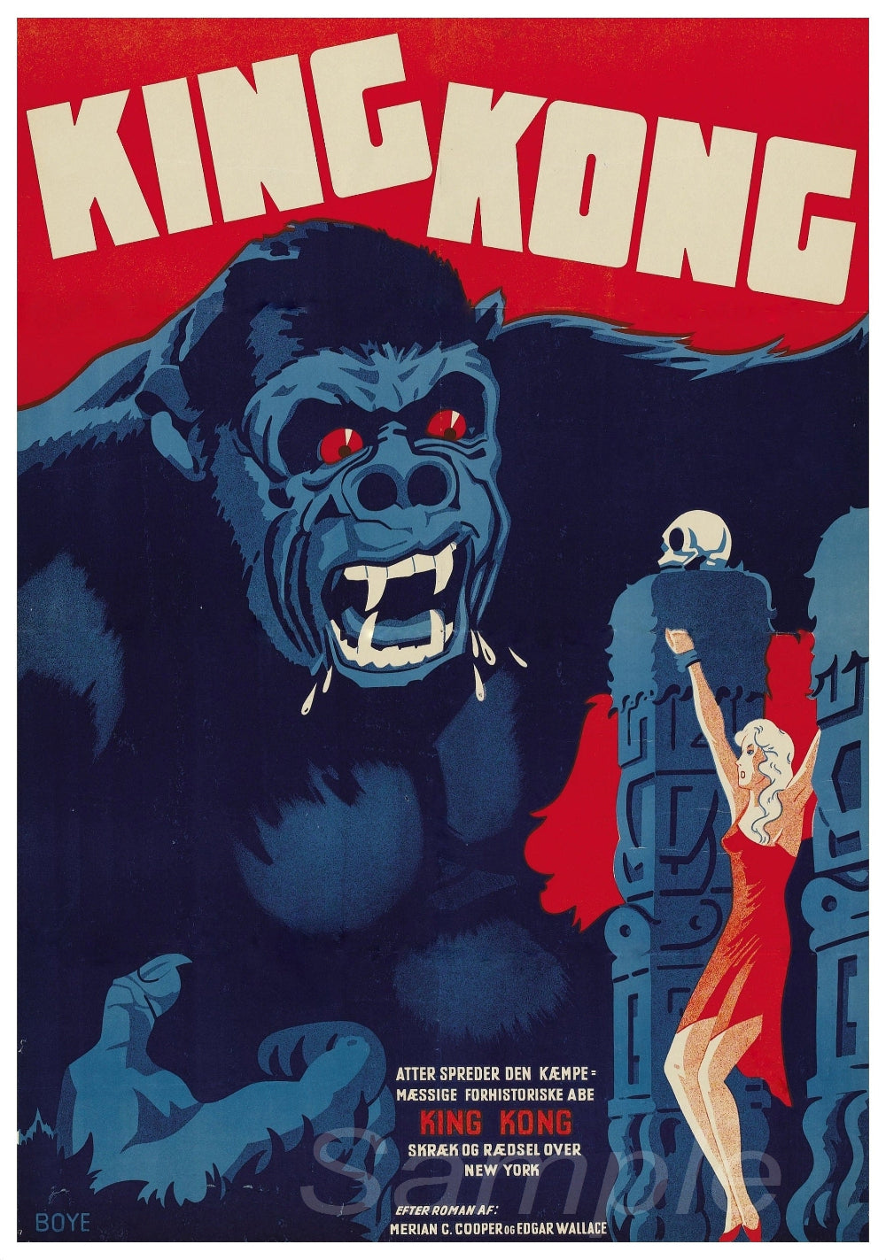 A vintage movie poster print of King Kong with a red-eyed gorilla-like creature standing atop a building, with a person in a red dress hanging from his fingers.