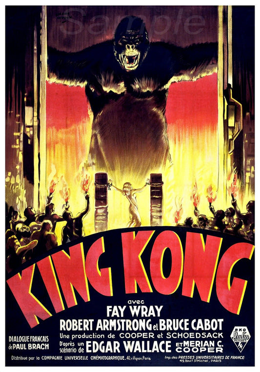 Vintage style movie poster for 'King Kong' featuring an illustration of the titular character in a dynamic pose with a background of a crowd and a burning building.