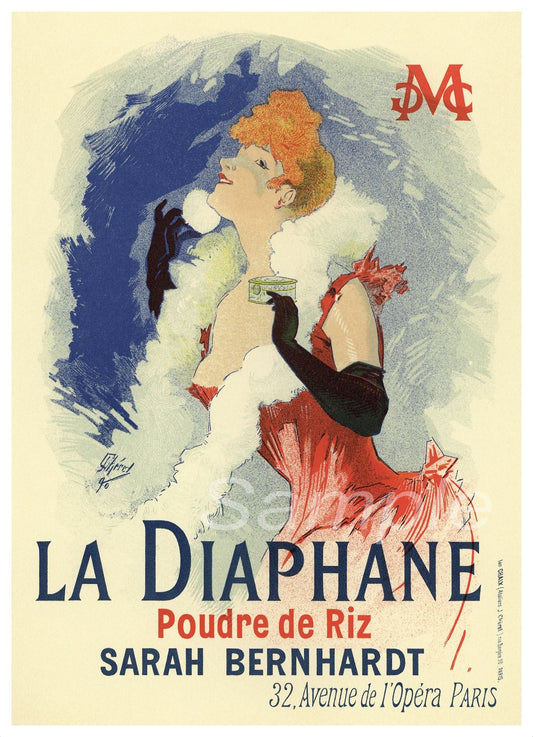 French vintage advertising poster featuring Sarah Bernhardt in 'La Diaphane' role, with a blue and red background, wearing a costume, holding a cup, and surrounded by decorative elements.