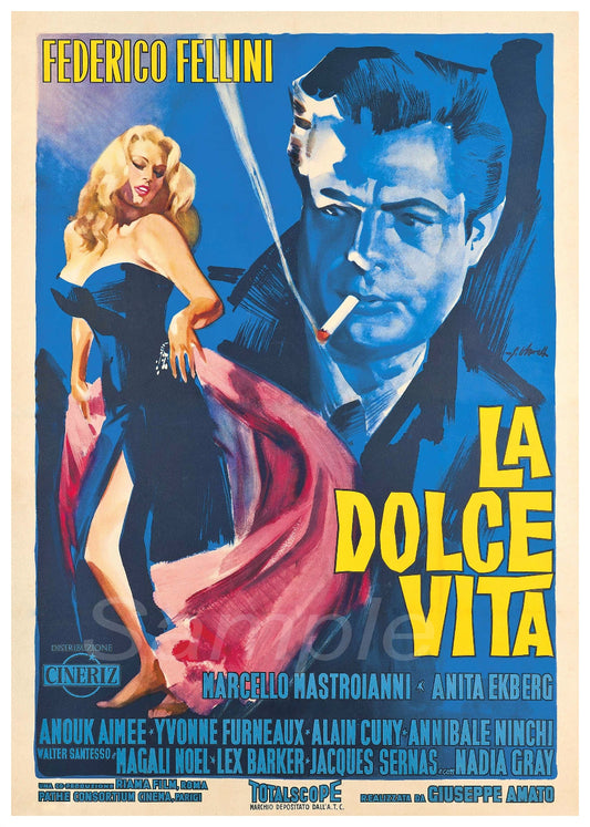 Vintage movie poster for 'La Dolce Vita' featuring Federico Fellini and other actors, with a blue and red design.