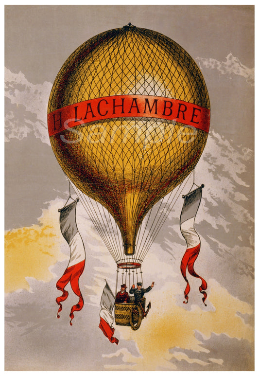 Vintage advertising poster featuring a hot air balloon with the text 'LACHAMBRE' on the envelope, surrounded by a decorative border.