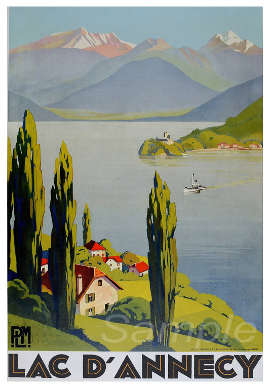 A vintage travel poster depicting a scenic view of Lake Annecy with a mountainous background and a small town in the foreground.