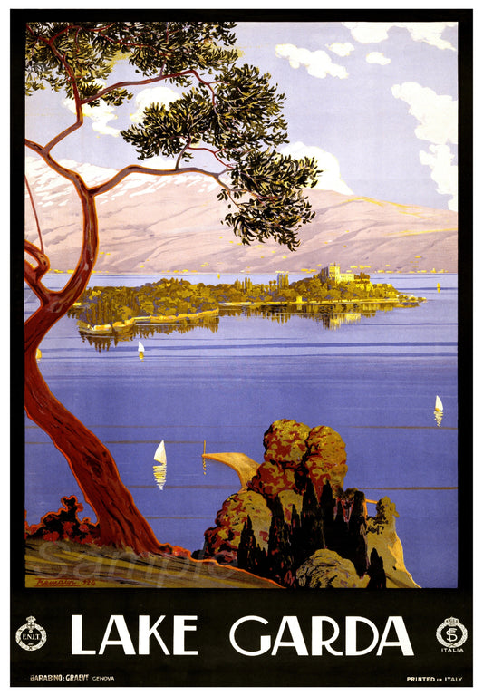 Vintage travel poster print of Lake Garda with a trees in the foreground, a body of water, and mountains in the background. The poster has a vibrant blue sky and is labeled 'LAKE GARDA' at the bottom.