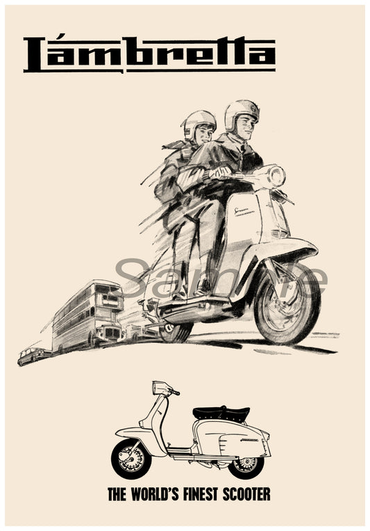 A vintage advertising poster print featuring a graphic of two people on a Lambretta scooter, with the text 'Lambretta' and 'The World's Finest Scooter'.