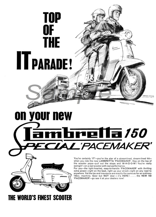 Vintage advertising poster for Lambretta 150 scooter featuring an illustration of the scooter and two people riding it, with text advertising the 'Samambra 160 Special Pace Maker'.