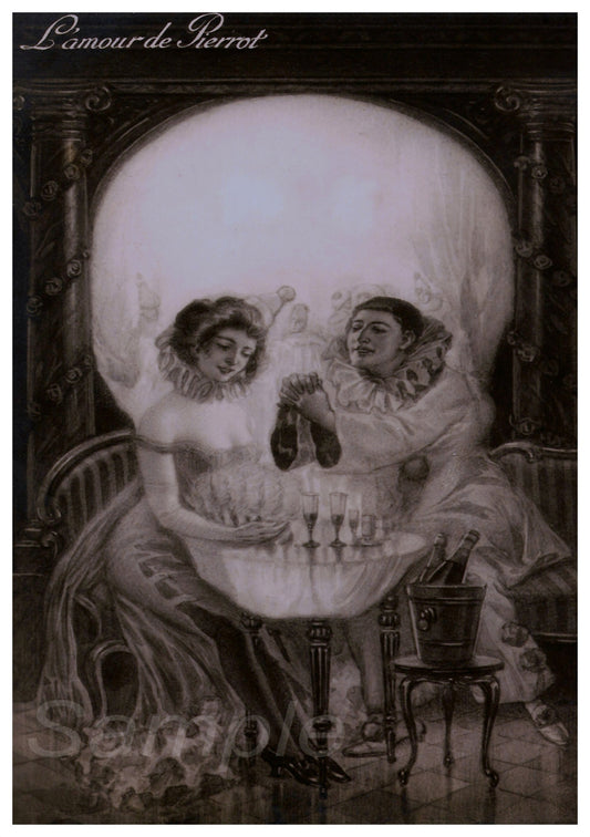 A vintage black and white poster featuring a stylized illustration of a skull with a woman's face and a man's face, suggesting a thematic scene possibly related to a theatrical or circus performance.