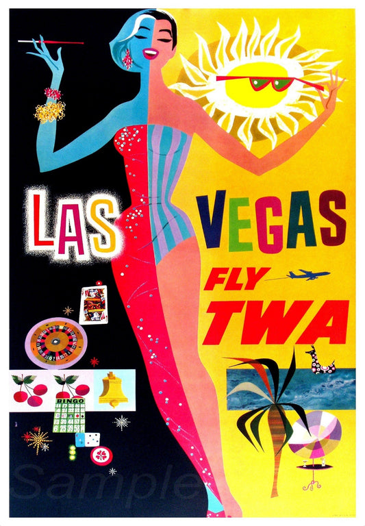 Vintage style travel poster featuring a colorful illustration of a woman with a blue dress, red hair, and sunglasses, holding a sunflower, against a vibrant background with neon lights and decorative elements, and text 'LAS VEGAS TWA'.