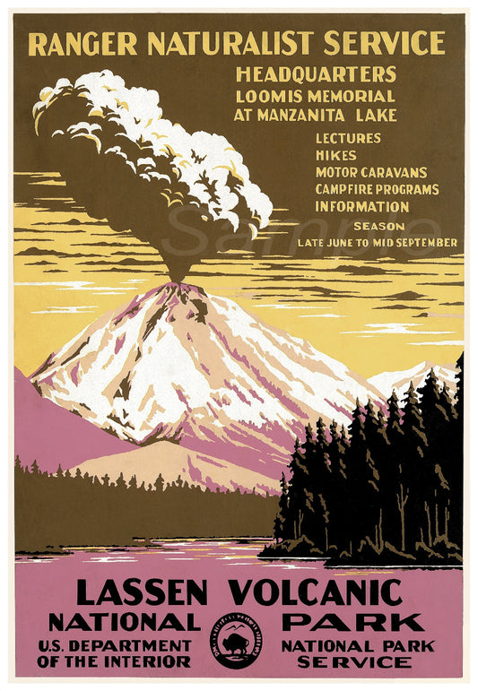 Vintage travel poster for Lassen Volcanic National Park featuring a stylized depiction of a volcano with trees and a cloudy sky in the background.