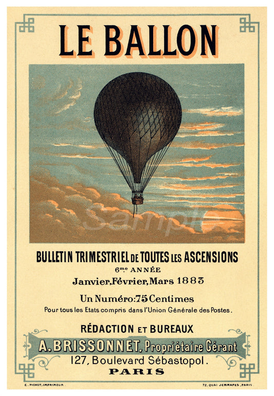 Vintage advertising poster for 'Le Ballon' hot air balloon, featuring an illustration of a hot air balloon in a sunset sky with text and branding details.