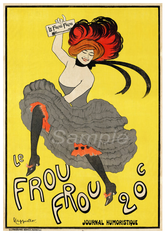 A vintage advertising poster featuring a stylized woman with red hair, wearing a black and red outfit, and the text 'Le Frou Frou' along with 'Journal Humoristique'.