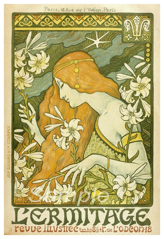 A vintage advertising poster featuring a stylized, colorful illustration of a woman with red hair and a flowing dress, surrounded by floral elements and a dark, stormy background.