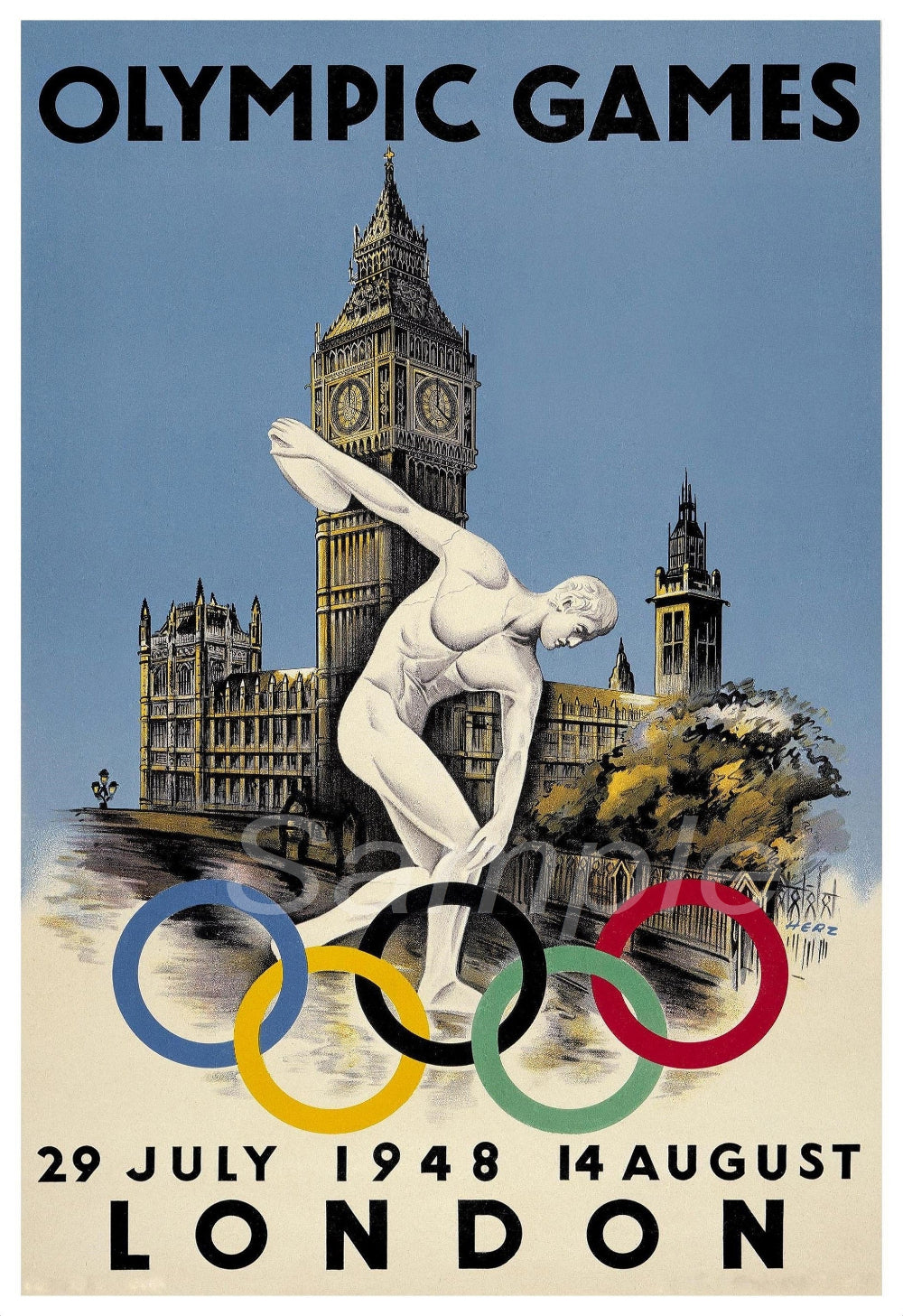 Vintage poster print of the 1948 London Olympic Games featuring an artistic depiction of a female figure with the Olympic rings and the London skyline including Big Ben.