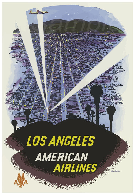 Vintage style travel poster featuring Los Angeles with American Airlines branding, depicting a stylized skyline and palm trees.