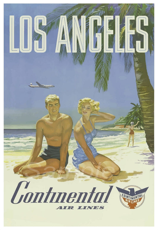 Vintage travel poster featuring Los Angeles Continental Air Lines with a beach scene and two figures seated on the beach.