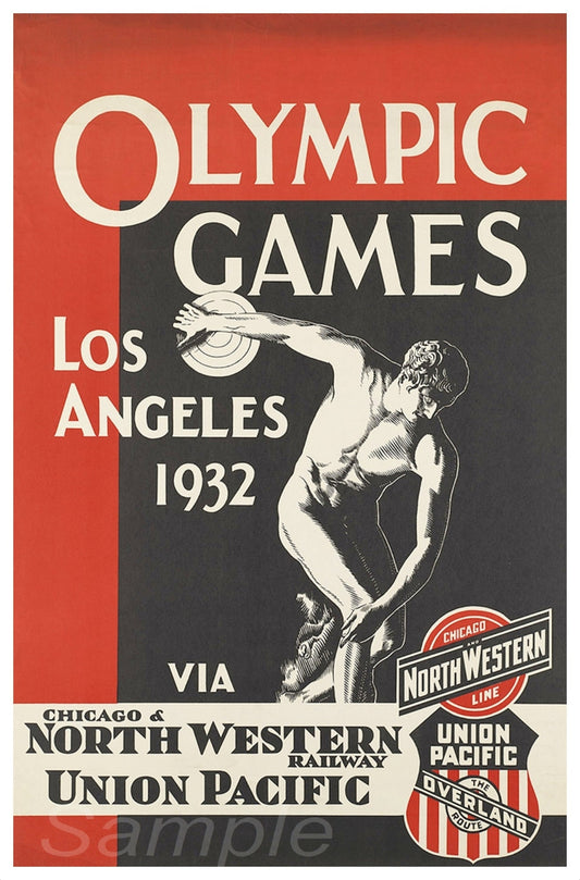 Vintage style poster of the Los Angeles 1932 Olympic Games advertising with a red background and an illustration of an athlete.