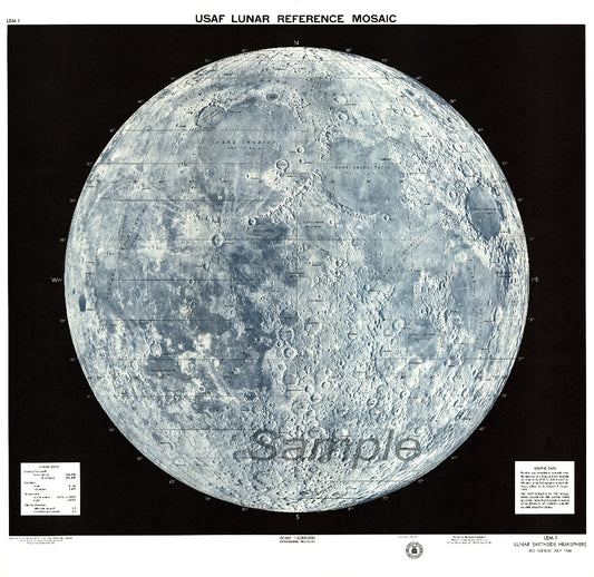A printed poster of the USAF Lunar Moon Map, showing a detailed image of the moon's surface, with a watermark word 'Sample' across it.