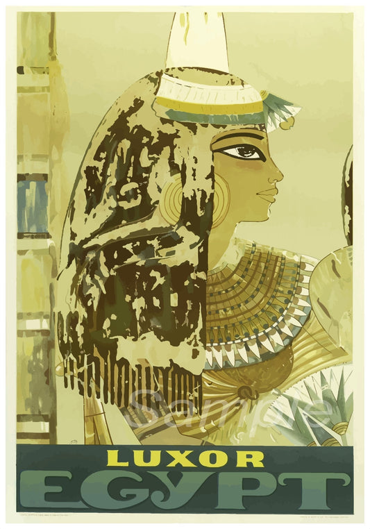 A colorful travel poster featuring a stylized depiction of a woman with Egyptian-themed accessories, such as a headdress and necklace, against a vintage-style background with 'Luxor Egypt' text.