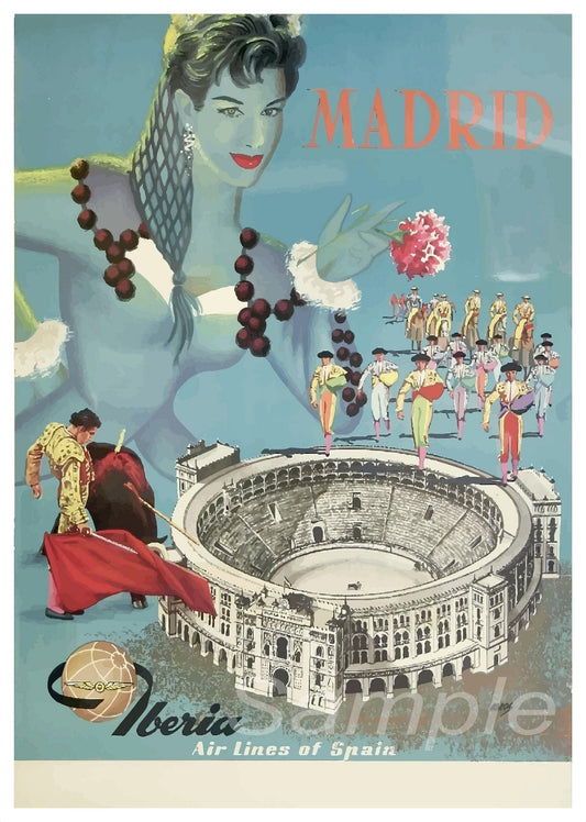 Vintage style travel poster featuring a stylized woman with a bullfight backdrop and a large arena, captioned 'MADRID' and 'Iberia Air Lines'.