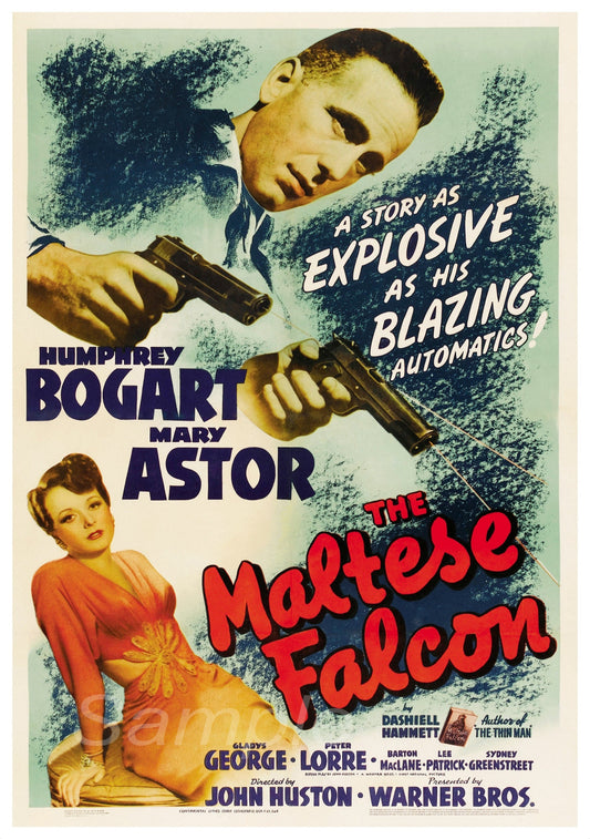 A vintage movie poster for 'The Maltese Falcon' featuring Humphrey Bogart and Mary Astor with a gun and a knife, set against a blue textured background. The poster is labeled with the movie title and the names of the actors.