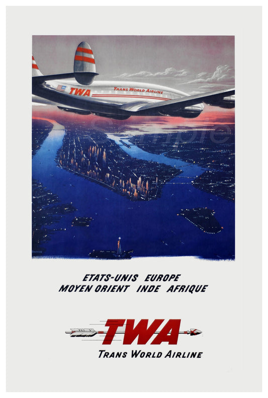 Vintage style travel poster featuring an illustration of the TWA logo with a stylized depiction of Manhattan Island and the surrounding area at sunset.