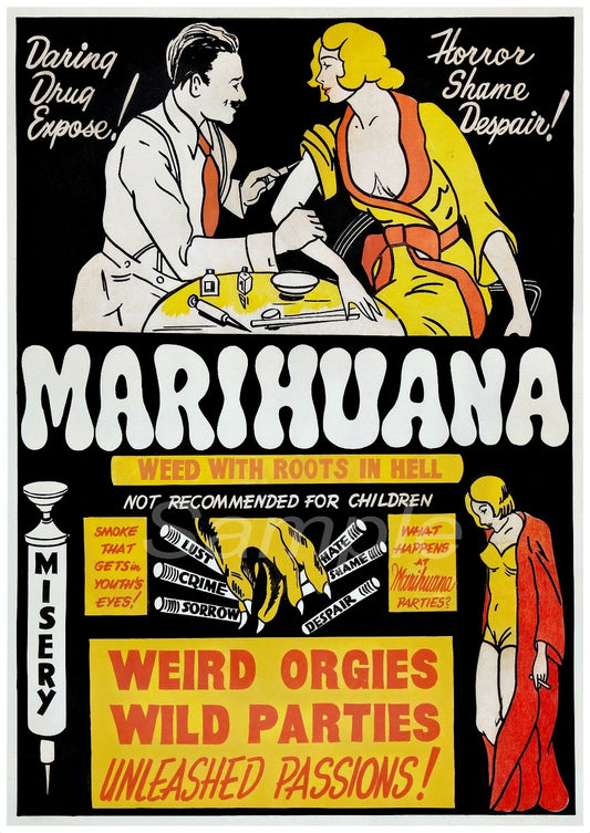 Vintage style movie poster for 'Marihuana' featuring a cartoon illustration of a man and a woman with a humorous caption about the movie's theme.