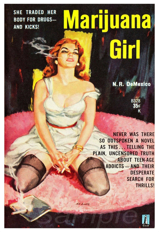 Vintage style poster featuring a woman with marijuana Girl text, trading cards, and a cigarette, indicating a retro or vintage theme.