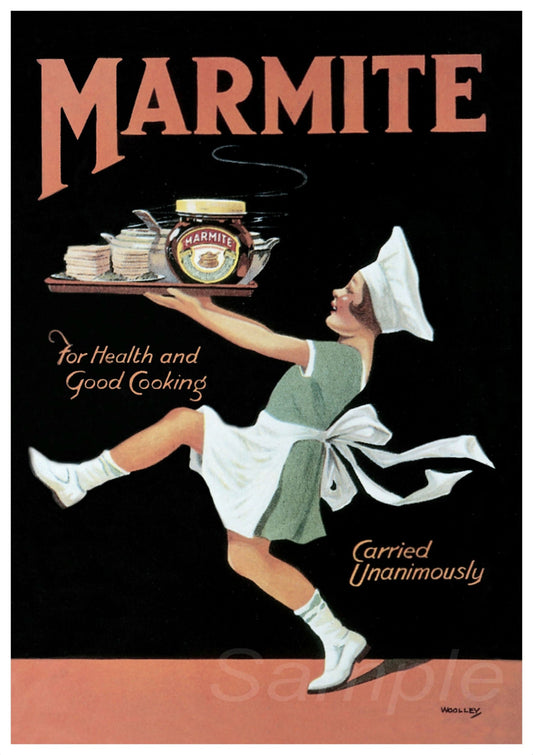 Vintage style Marmite advertisement poster featuring a cartoon character with a tray of food, and the text 'Marmite - For Health and Good Cooking'.