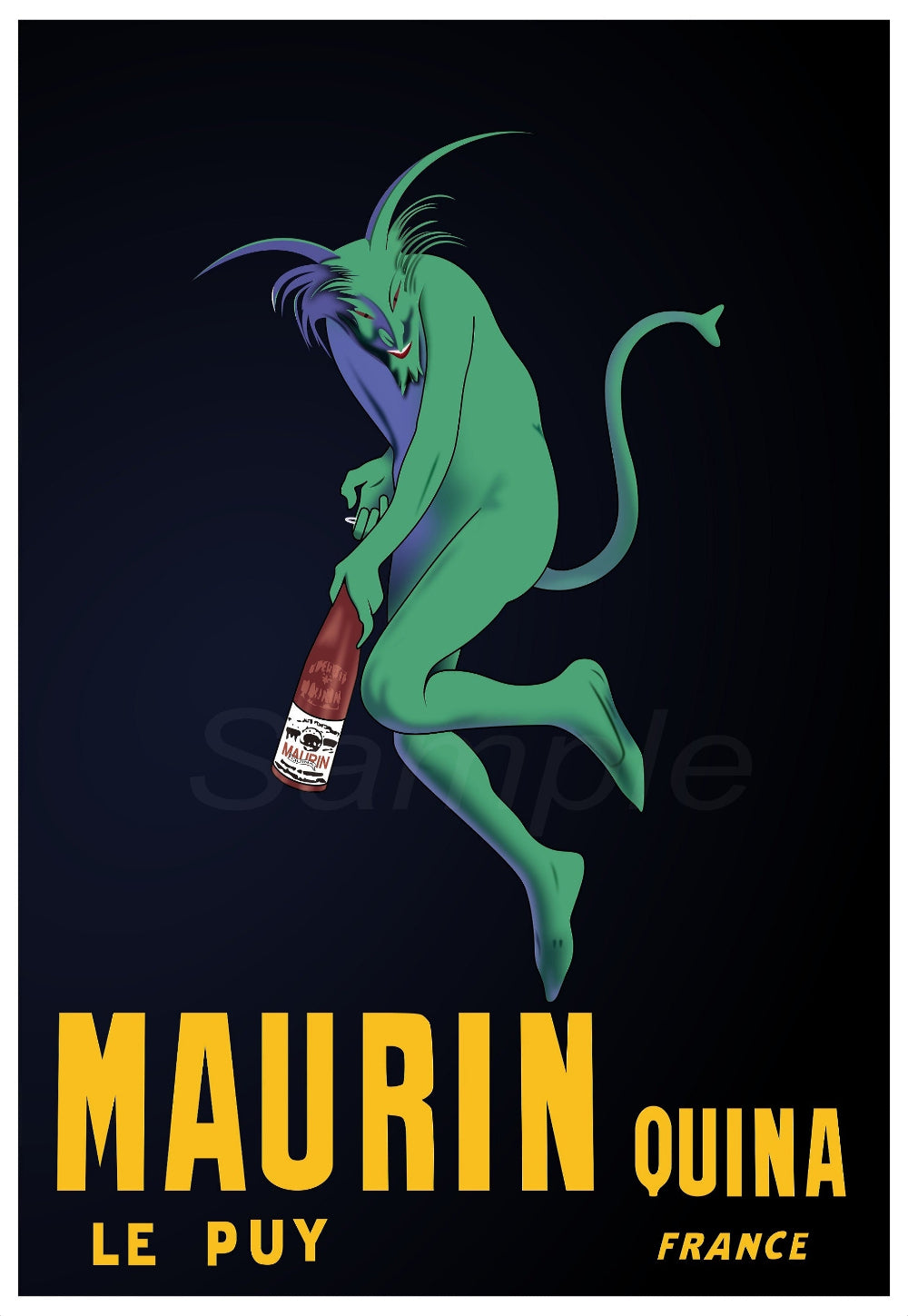 A vintage style poster of Maurin Quina Absinthe featuring an illustrated green character with a bottle against a dark background.