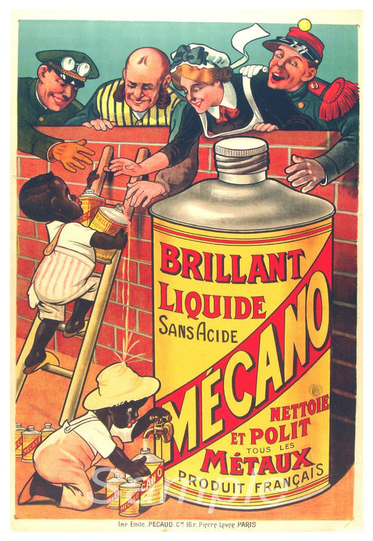 Vintage advertising poster for Mecano Metal Polish featuring an illustration of a bottle of liquid polish and characters polishing metal with the text 'Brillant Liquide Sansaise'.
