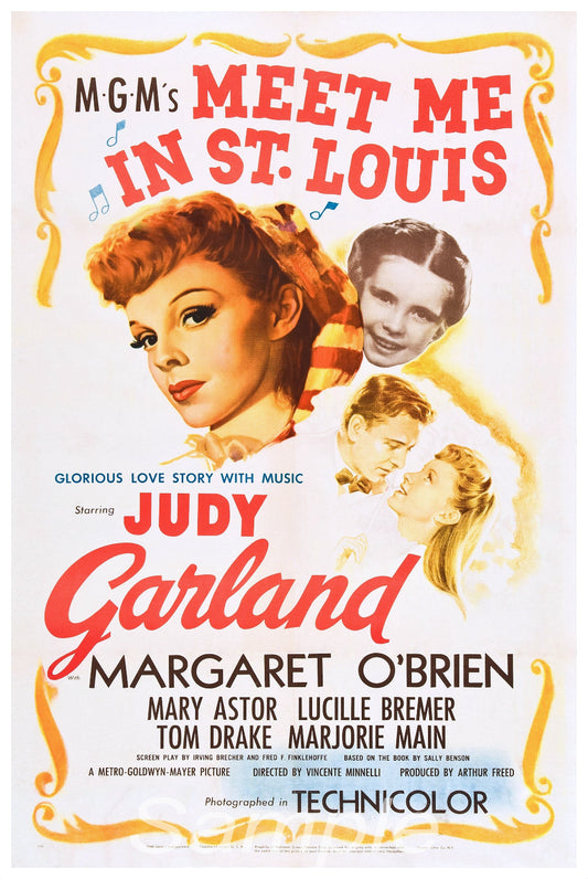 Vintage movie poster print for 'Meet Me in St. Louis' featuring portraits of Judy Garland and Margaret O'Brien with a musical score and the text of the movie title.