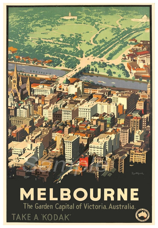 Vintage travel poster print featuring a cityscape of Melbourne, Australia, with advertisement text and branding at the bottom.
